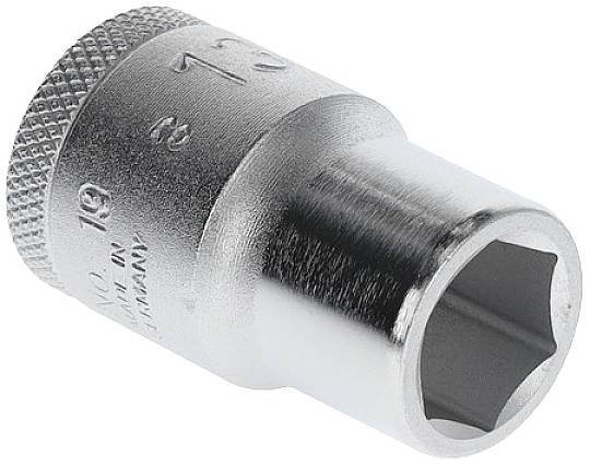 Metal hexagonal socket nut, with the markings '19' and '13' on its surface, used for loosening or tightening screw nuts.