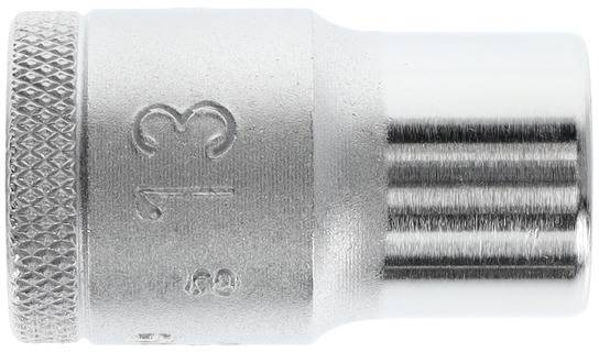 Metal socket nut with numerical embossing and knurled end piece; tool for screw connections.