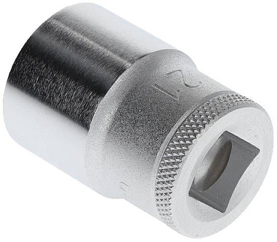 Metallic socket in cylindrical form, suitable for spanners, with knurled edge for improved grip.