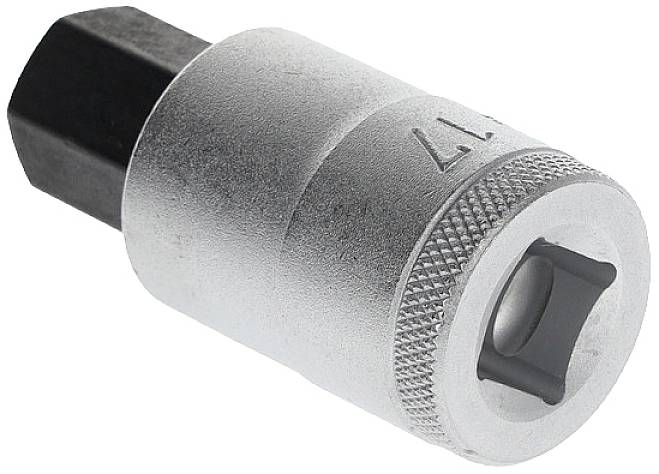 A silver hexagonal socket spanner with a black tip, used for tightening or loosening screws and bolts.