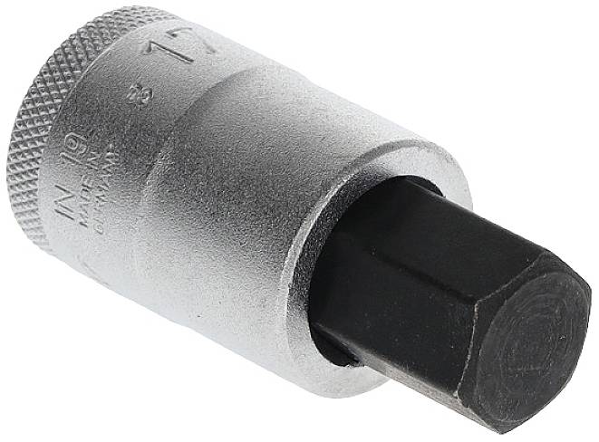 Silver hexagonal socket wrench, size "17", with black insert, suitable for workshop tasks.