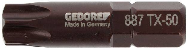 A brown Torx bit with the inscription 'GEDORE 887 TX-50 Made in Germany', suitable for screw applications, close-up view.