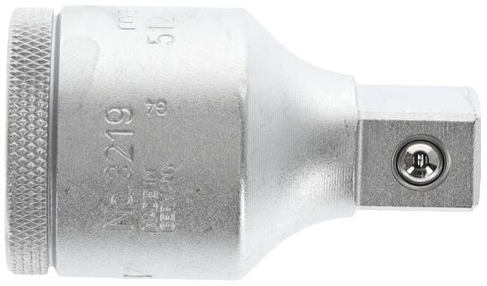 A silver adapter with a square opening for socket key attachments. Robustly built, with a knurled handle for improved grip.