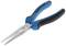 A long, narrow pair of pliers with blue and black handles. They are frequently used for gripping or holding small objects.