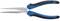 A pointed pliers with blue and black handles lies against a white background.
