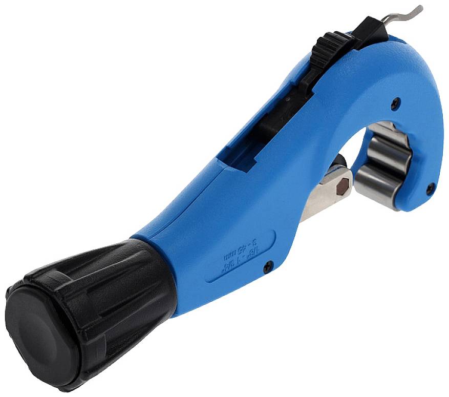 A blue pipe cutter with a black handle, suitable for cutting metal or plastic pipes.