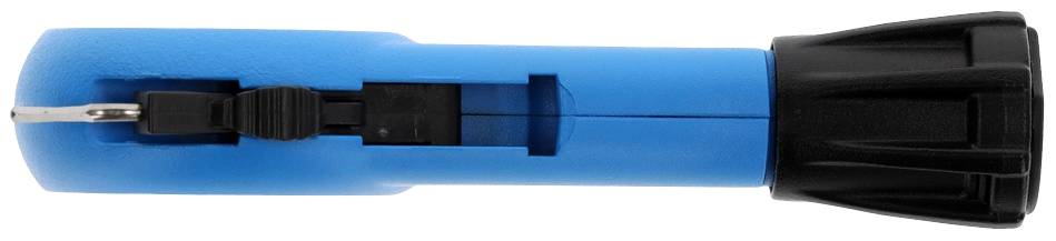 Blue ergonomic screwdriver with a black handle and retractable head, used for fastening and loosening screws.