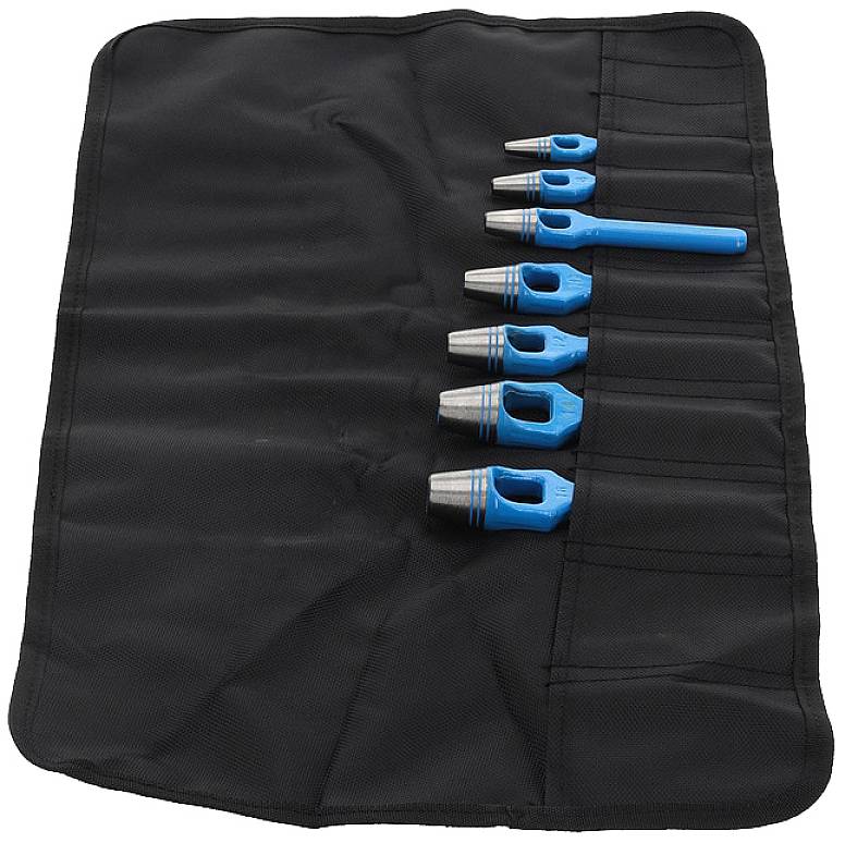 A set of ring cutters in various sizes, rolled up in a black bag with blue handles.