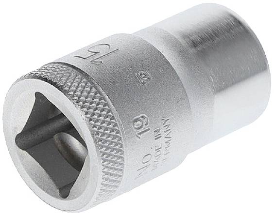 A silver socket wrench with a knurled handle and marking '19'. Made in Germany. Used for socket wrench tools.