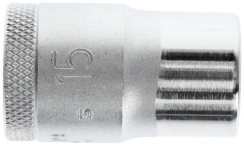 A silver metal pin with a ridged edge and the inscription '15'.