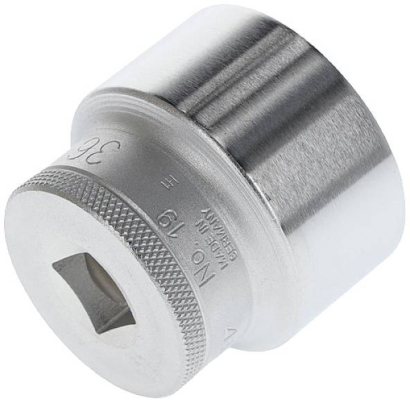Metal socket with knurled handle for secure grip, numbered '36', used for loosening or tightening screw connections.