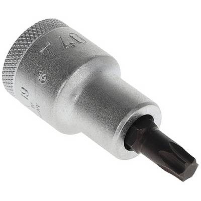 'Stecknuss T40 Torx Bit' made of metal, cylindrical in shape with a knurled grip area, used for tightening screws with Torx drive.
