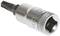 A silver socket extension with a black bit at one end. Used for tightening or loosening screws.