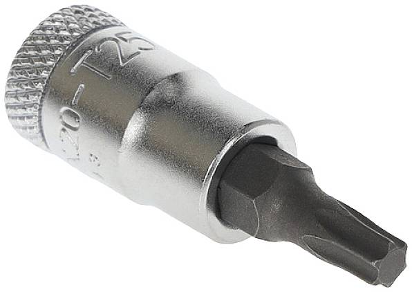 A silver Torx bit tip T25 for a screwdriver, with a knurled grip end for improved handling.