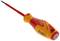 An isolated screwdriver with a red and yellow handle, suitable for electrical work; brand name and specifications visible.