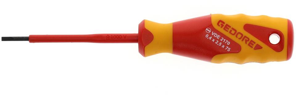 A screwdriver with an insulated handle and distinctive red and yellow colouration. The handle bears the inscription 'GEDORE'.