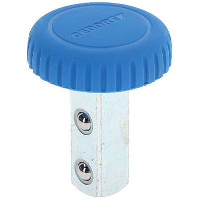 Metal rod with a blue plastic handle and two side screw holes. Could be a piece of tool accessory.