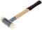 A rubber mallet with a wooden handle, grey head and two white striking surfaces.