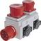 'Industrial socket with two red and two black connection sockets, suitable for heavy electrical equipment or installations.'