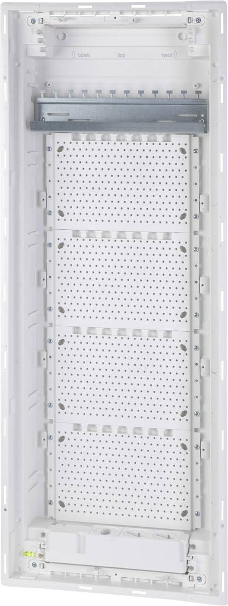 A blank, white distribution box with multiple mounting spaces for electrical or network components.