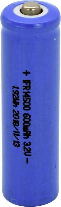 Blue AA battery with inscription '+ FR14500 600mAh 3.2V'.