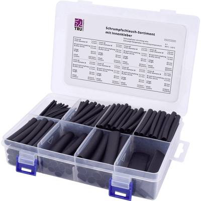 Assortment box of heat-shrink tubing, sorted by size. Open lid reveals size list. Use: Cable insulation.