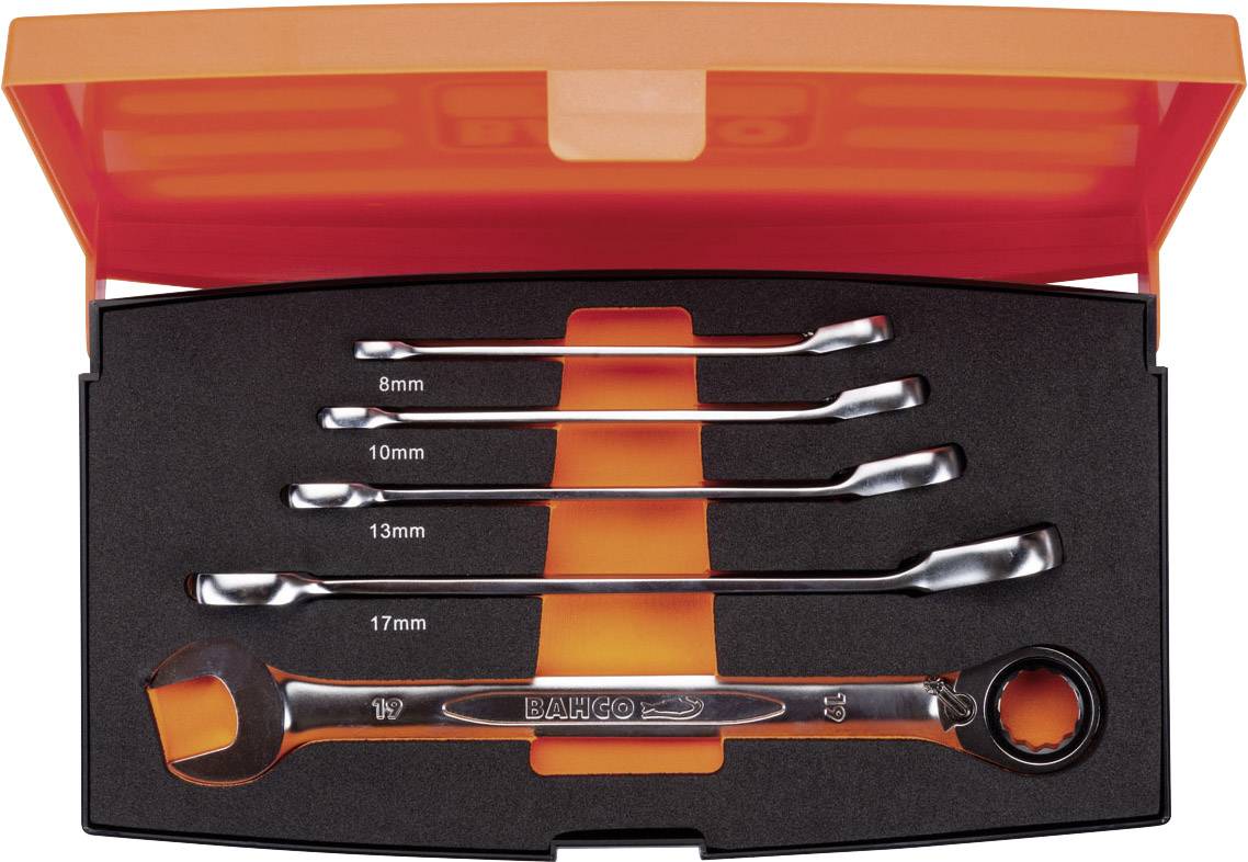 An open toolbox with five spanners in different sizes (8mm to 17mm) with an orange interior.
