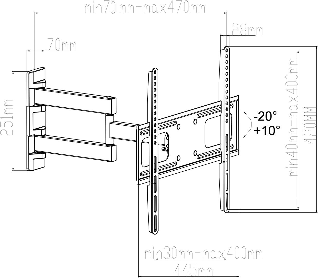 TV Wall Mount with Adjustable Arm. Tiltable from -20° to +10°. Dimensions: Width 445mm, Height 420mm, Wall Distance min 70mm, max 470mm.