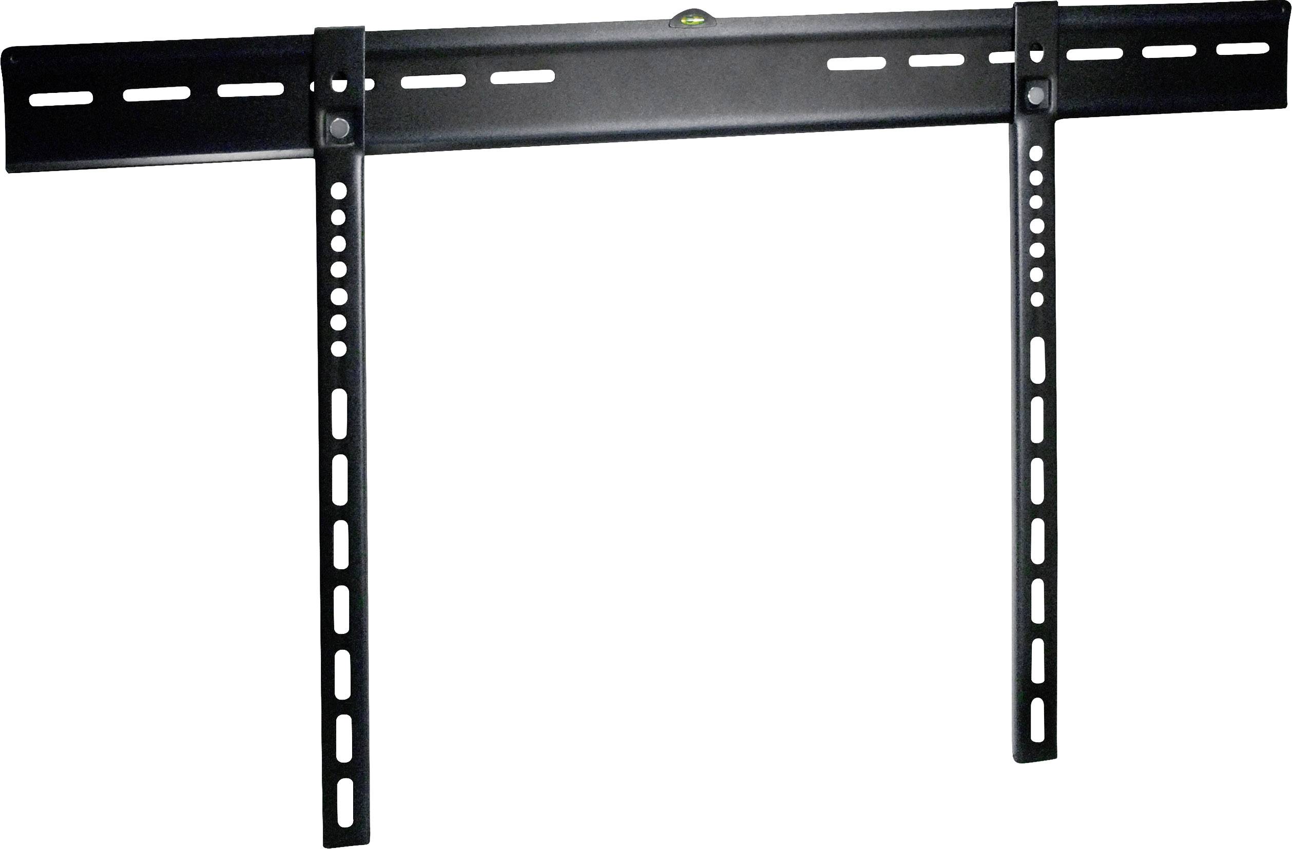 Slim black metal TV wall mount with two vertical rails.