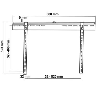 Assembly drawing of a TV mount with dimensions: Width 880 mm, Height 523 mm, adjustable height 32-466 mm, Width 32-820 mm.