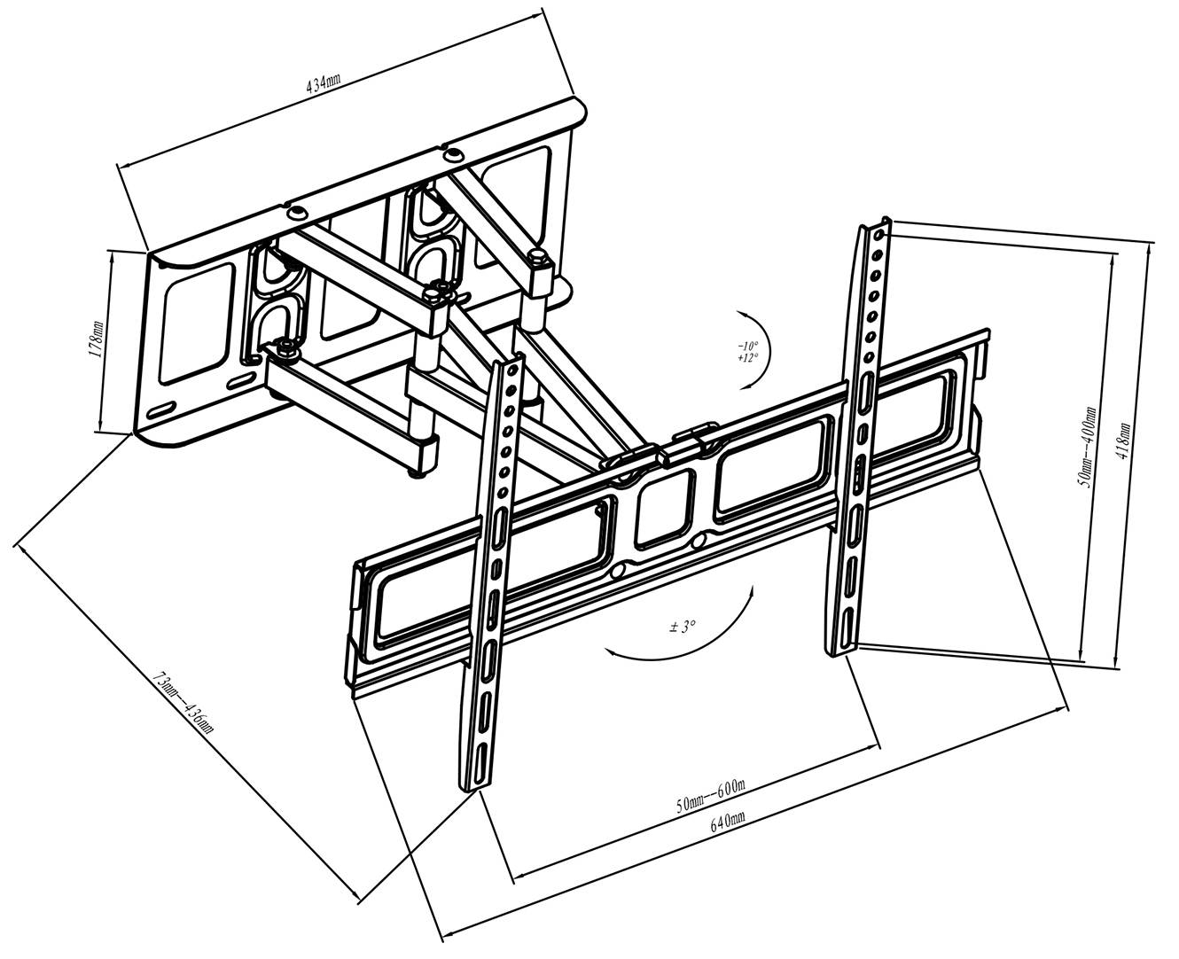 Assembly Instructions for a Swivel TV Wall Bracket. Shows dimensions, swivel angle, and mounting points.