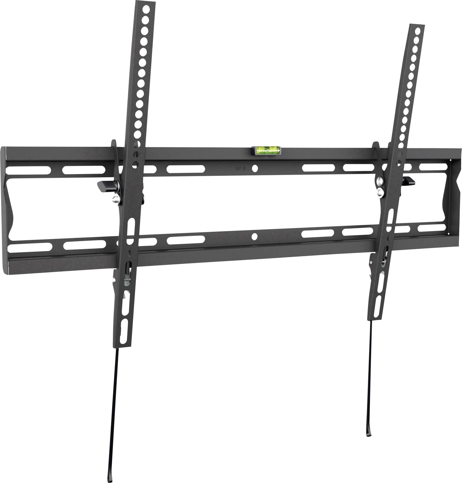Metal TV wall mount with adjustable, perforated arms and integrated spirit level, suitable for large televisions.