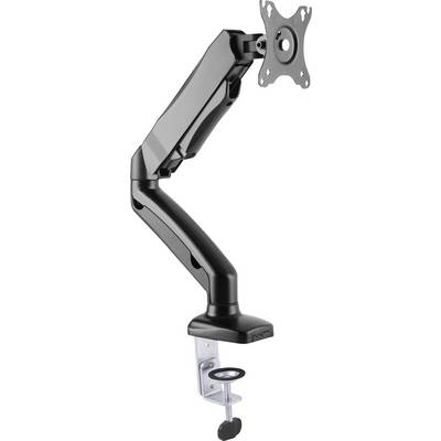 'Black monitor arm with pivot joints, for mounting on a desk edge. It has a VESA mount for attaching monitors.'