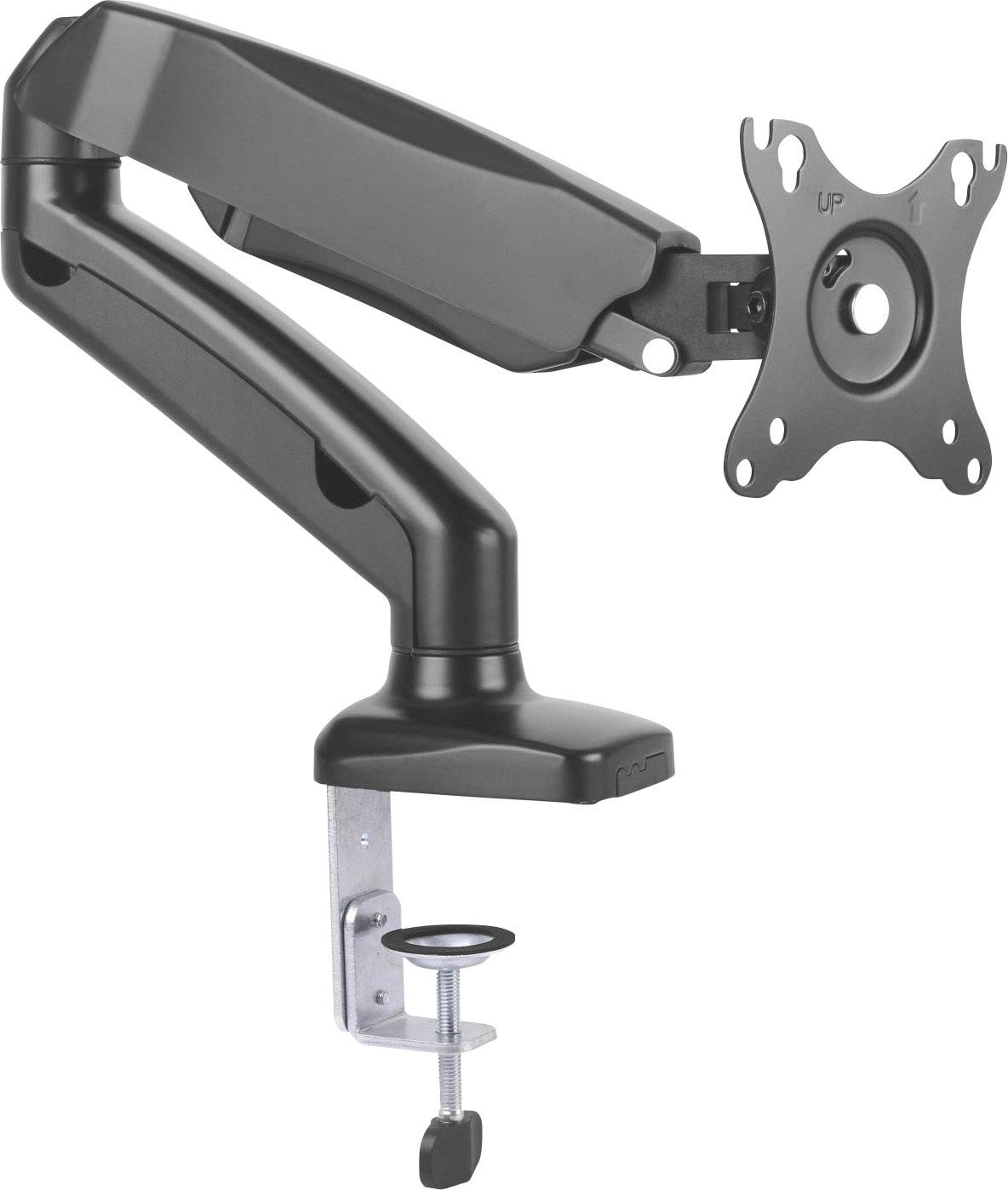 Black monitor arm with desk clamp, VESA mount, enables flexible positioning and space-saving on the desk.