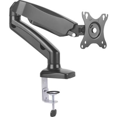 Black monitor arm with desk clamp, VESA mount, enables flexible positioning and space-saving on the desk.