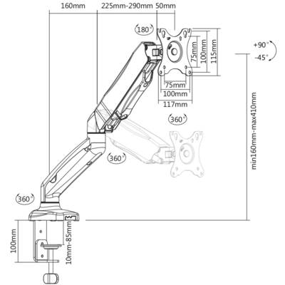 An adjustable monitor arm with dimensions: 160mm-410mm height, 225mm-290mm depth. Demonstrates rotation and tilt angles of ±90° and +90°/-45°.