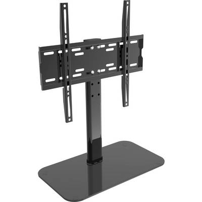 Black universal metal TV stand with rectangular base and height-adjustable mounting bracket for flat-screen televisions.