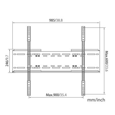 Technical drawing shows a mounting bracket with dimensions: Width 985 mm, Height 246 mm. Maximum adjustable height 600 mm, width 900 mm. Dimensions in mm and inches.