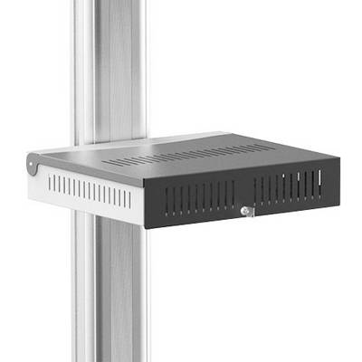 Metal shelf mounted on a vertical rail for versatile support of electronic devices.
