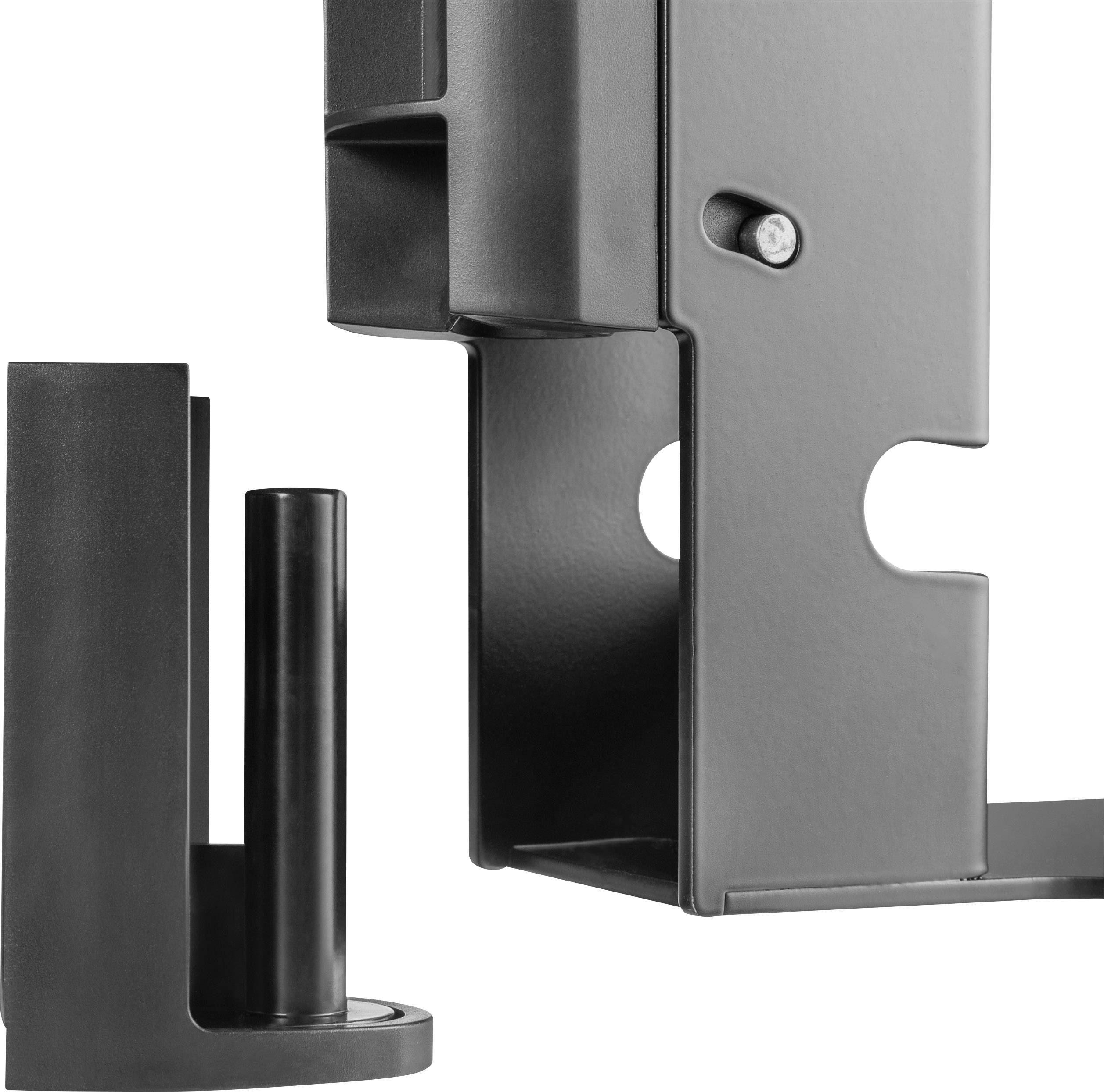 'Black, rectangular metal accessory with a vertical cylinder and mounting component. Structured, industrial aesthetic.'