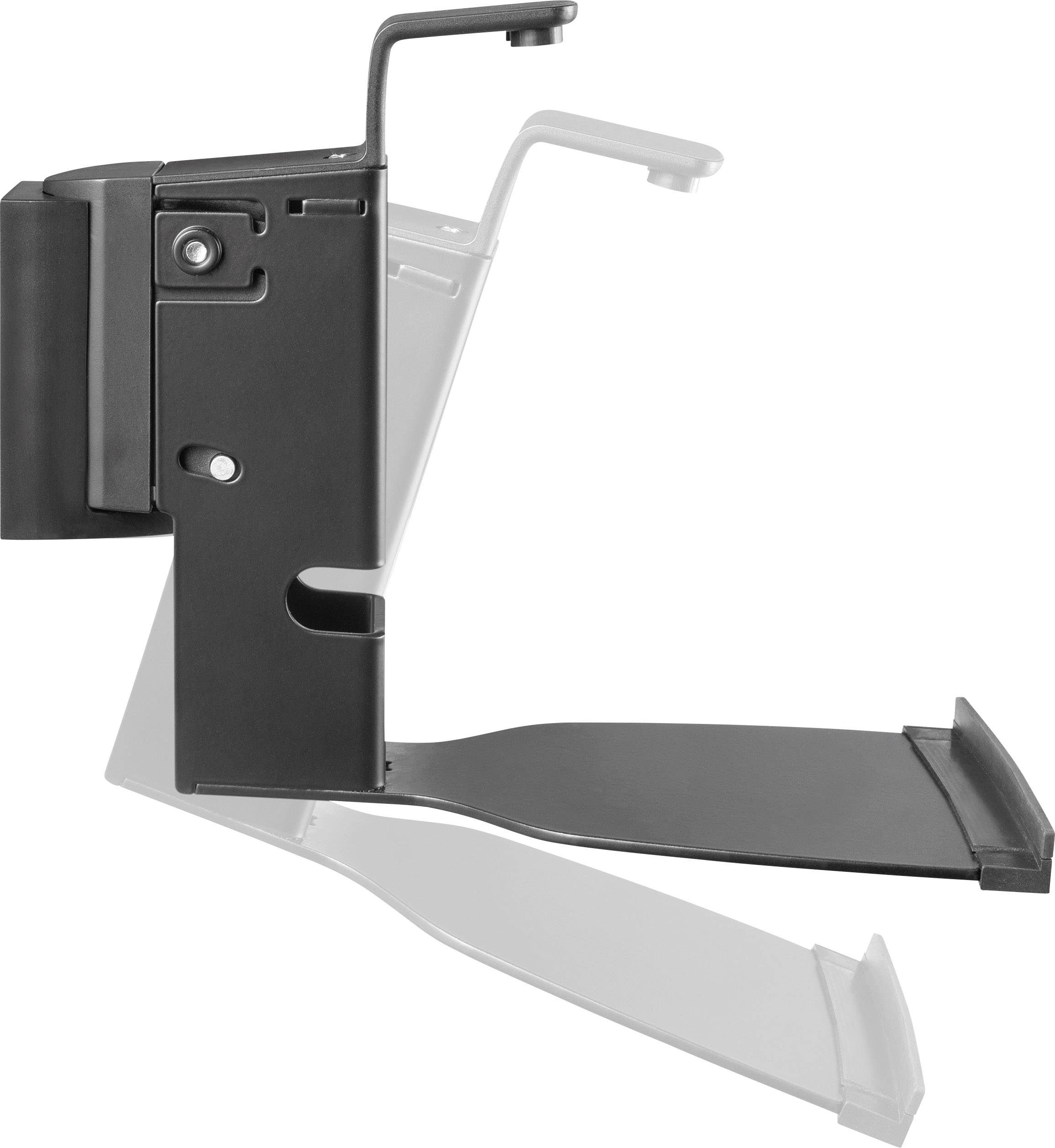 A black wall mount for a computer or monitor, with a fixed base and adjustable arms for flexible mounting.