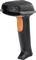 A black handheld scanner with an orange handle, ideal for scanning barcodes and data capture in warehouse environments.