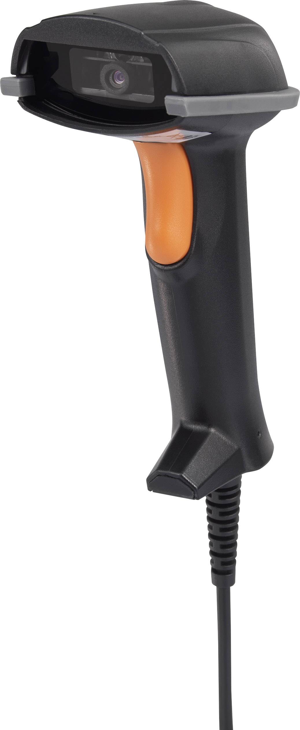 A black handheld scanner with an orange handle and cable, used for scanning barcodes or QR codes in business and warehouse environments.