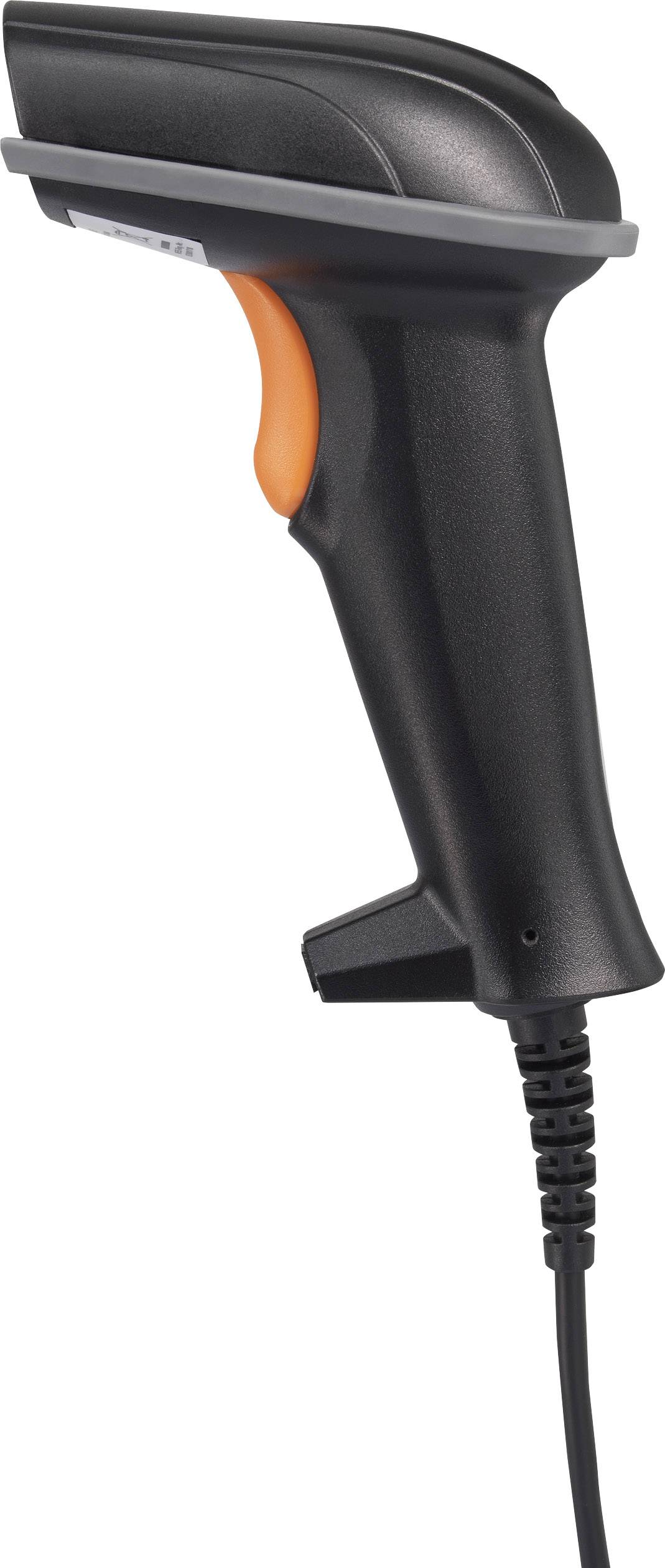 A handheld scanner with a black casing and an orange button, connected by a cable.