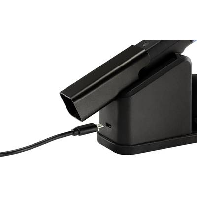 A black device is being charged via a cable connected to a charging station. The device is partially visible on a stand.