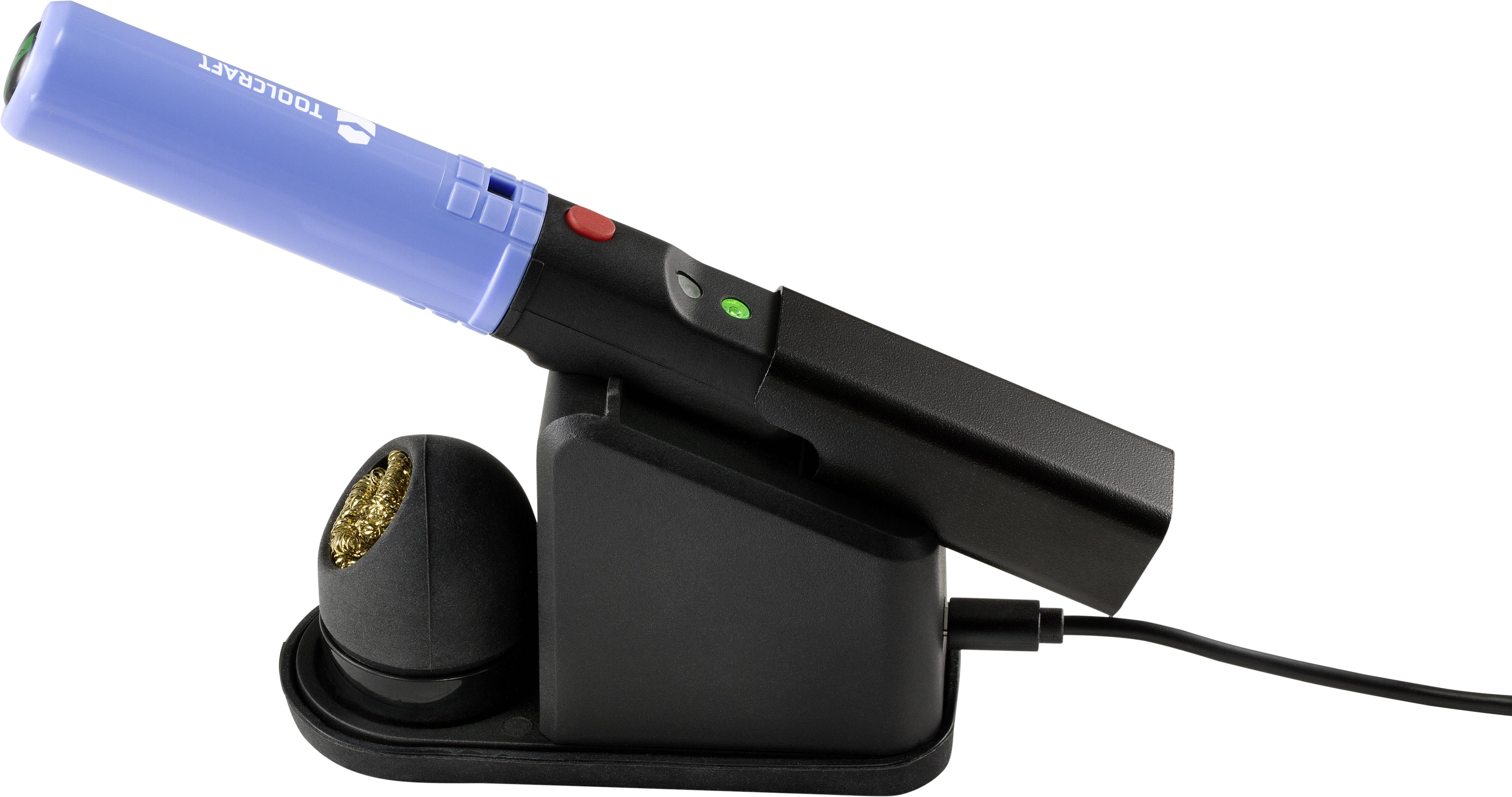 A blue cordless soldering iron with a black charging station, connected by a cable.