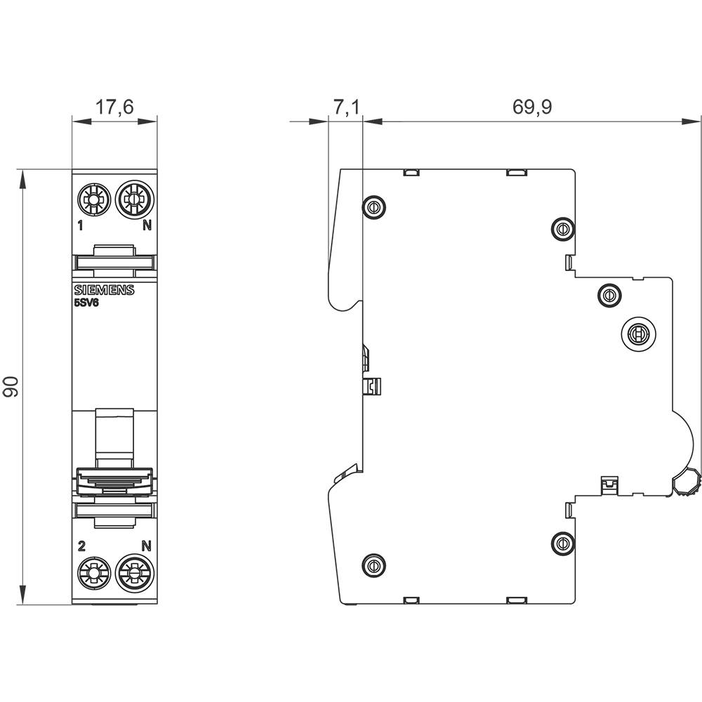 Technical drawing of an electrical component with dimensions in millimetres: height 90, width 17.6, depth 69.9. Front and side view.