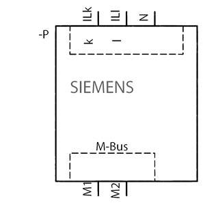 Circuit diagram of a Siemens device with connections 'P', 'L', 'N' at the top and 'M1', 'M2' at the bottom, interconnected via 'M-Bus'.