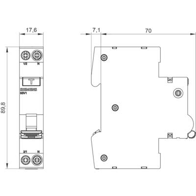 Drawing of an electronic component with dimensions: 89.8 mm x 70 mm. Contains component identification 'Siemens 5SV1'.