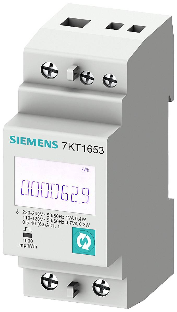 Siemens electricity meter, Model 7KT1653, displays '0000062.9 kWh' on the digital display.